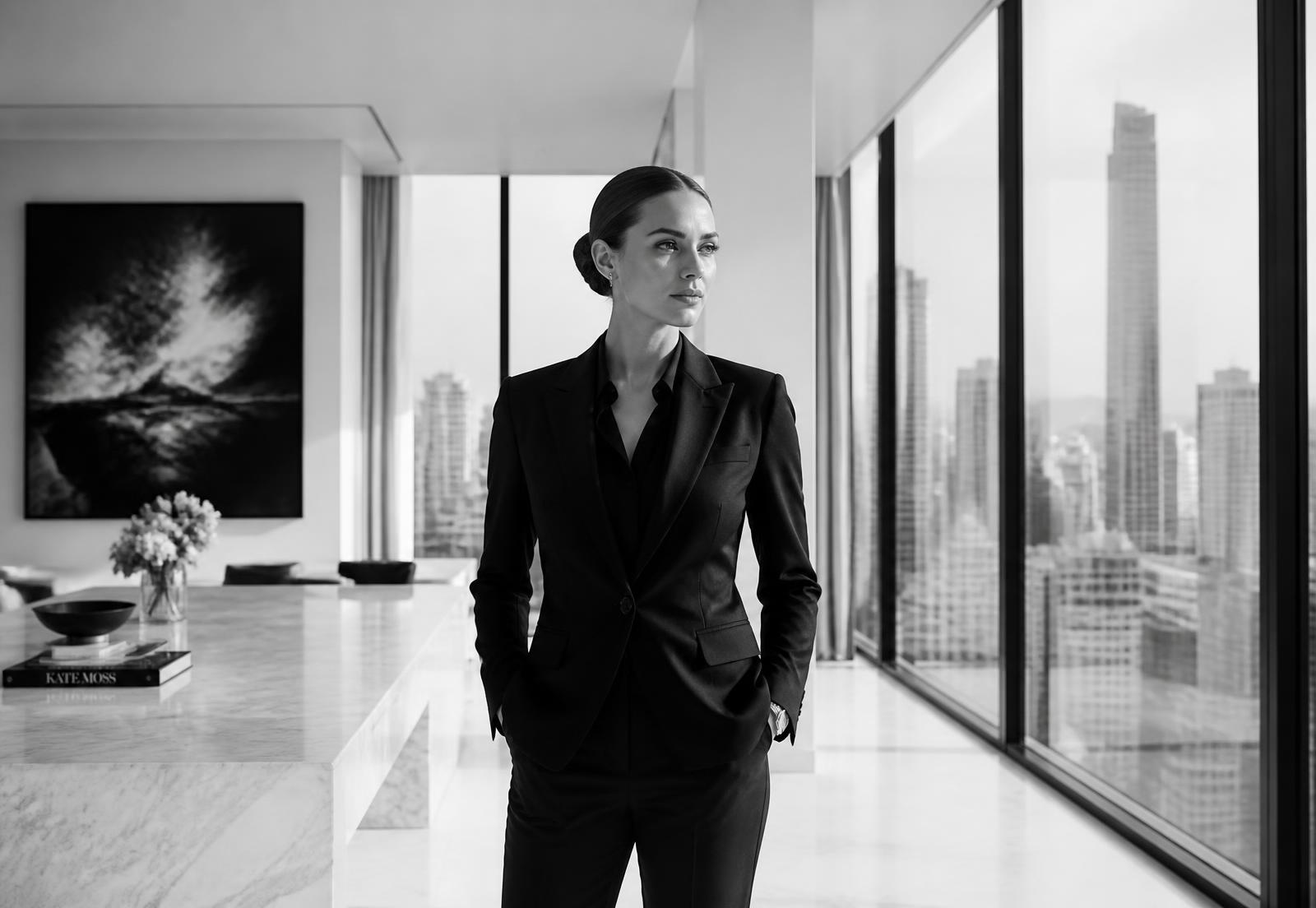 Luxury real estate agent in a penthouse office at dusk